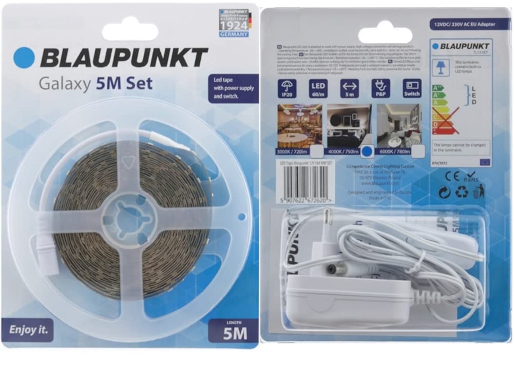 Blaupunkt Galaxy LED 5M Lichtstreifen - Natürliches Weiß - 4000K - Wasserdicht- Hohe Qualität 60 LEDs / Meter- 750 Lumen mit Schalter- Selbstklebender Streifen - Plug und Play - 12V- Energieklasse A++