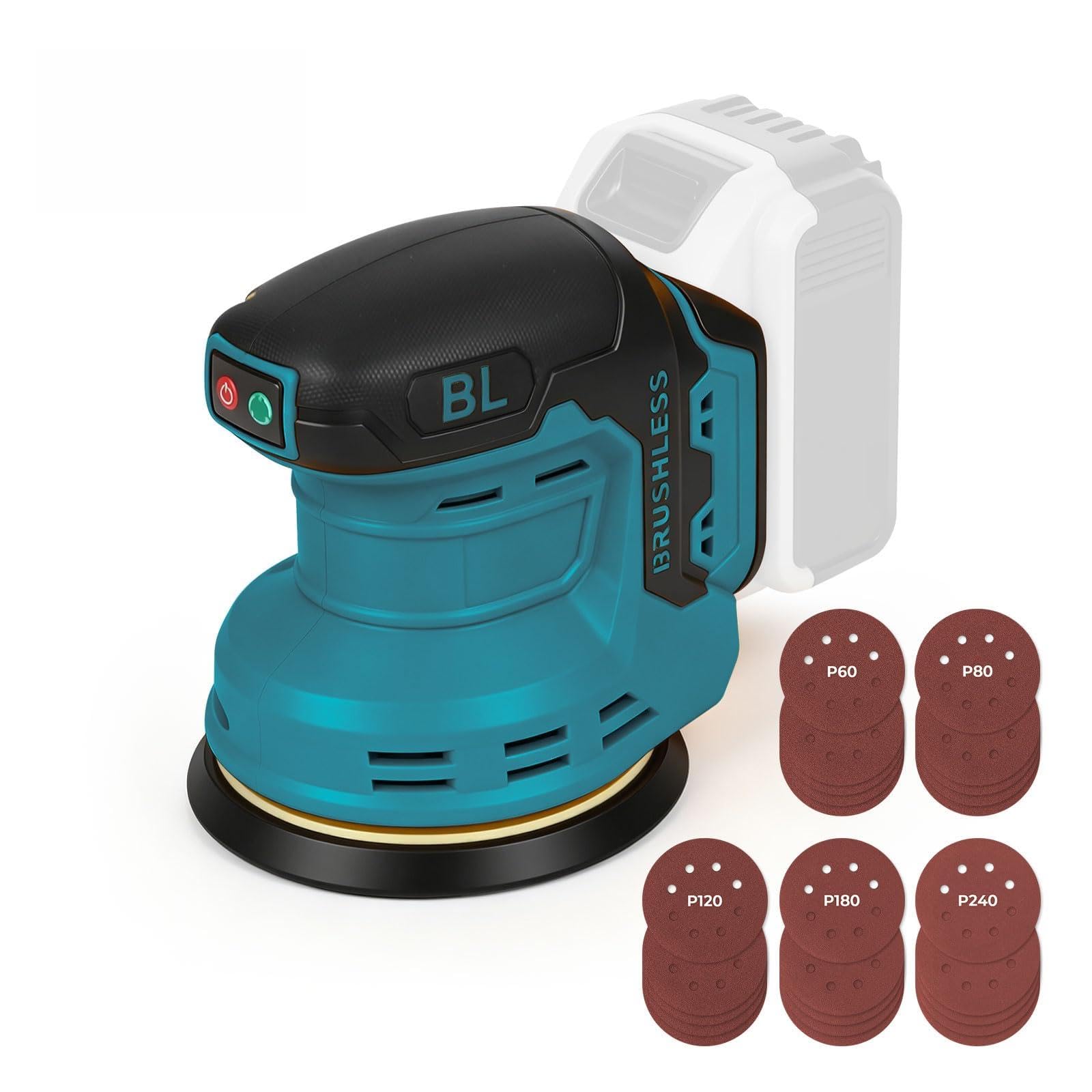 Cordless Orbital Sander Compatible with Makita, 125mm Brushless Random Orbital Sander, 9700-19000RPM with 25Pcs Sandpapers and Dust Extraction for Sanding, Polishing, Metal, Wood