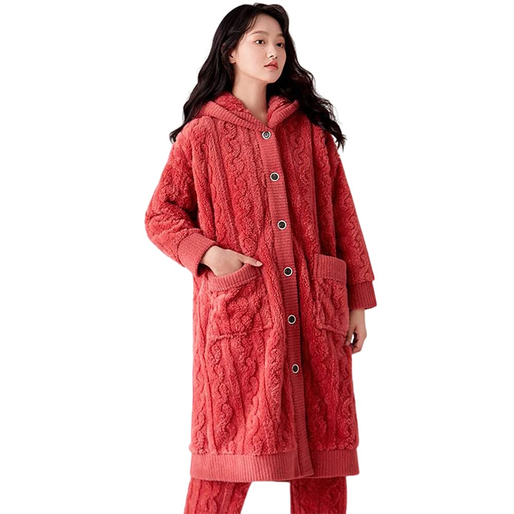 Womens Hooded Coral Fleece Home Set Thick Bathrobe Plush Jacquard Robe