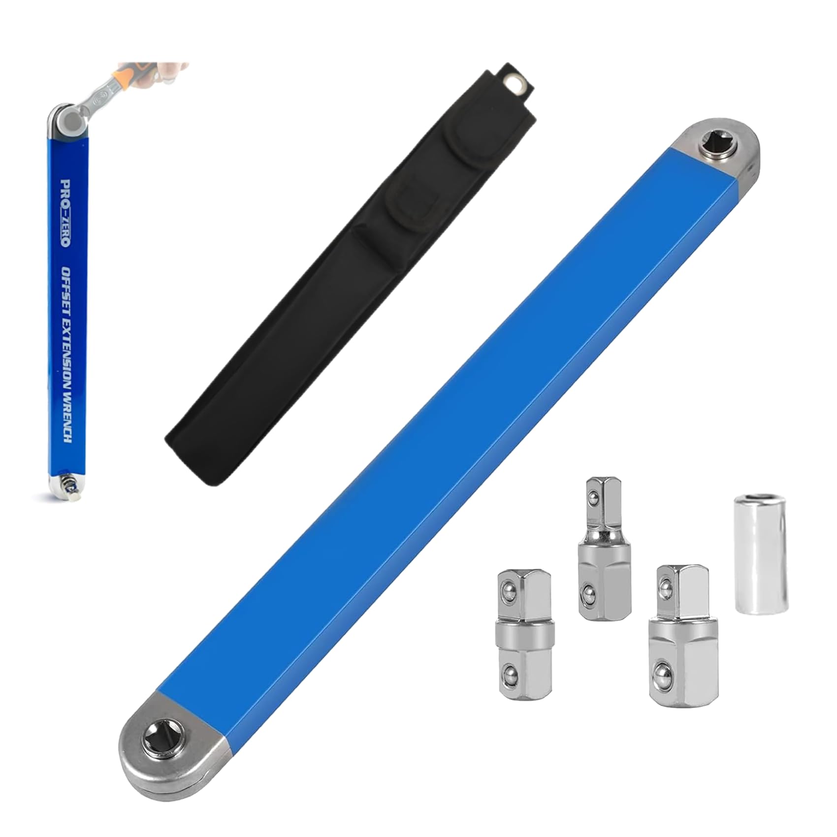 P Polerden Offset Extension Wrench Set, Off Set Extension Wrench 15.4" with 1/4",3/8",1/2" Square Drive Adapters and 1/4" Socket Offset Ratchet Extension for Tight Spaces
