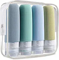 Kit de Frascos de Viagem para Cosméticos, 4 Peças, Design Canelado, Recipiente de tamanho de viagem de silicone squeezable à prova de vazamento, Cores Neutras (Verde)