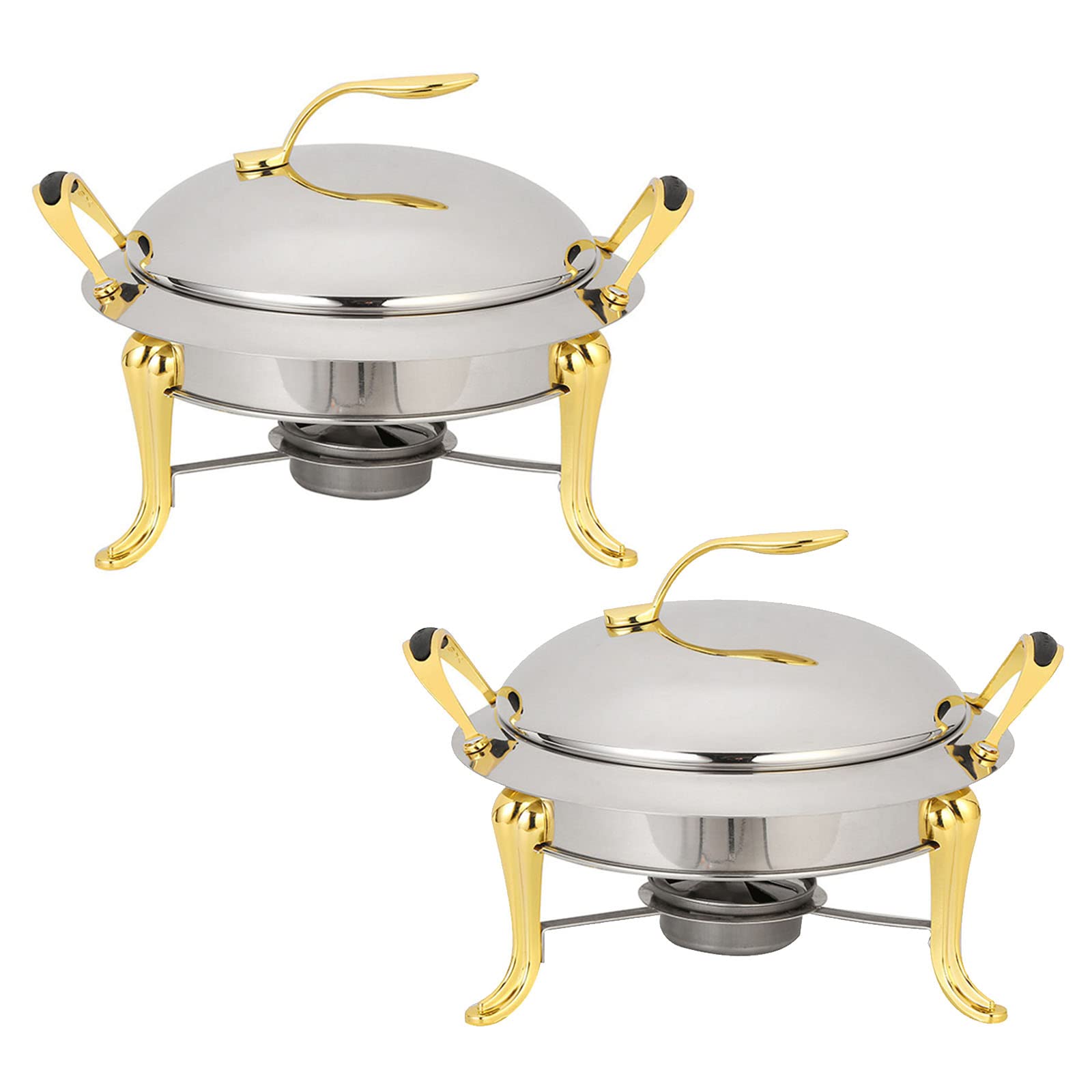 Juego de 3 platos redondos de acero inoxidable dorado de tamaño completo, calentador de alimentos con tapas y soportes de combustible, vajilla elegante para eventos
