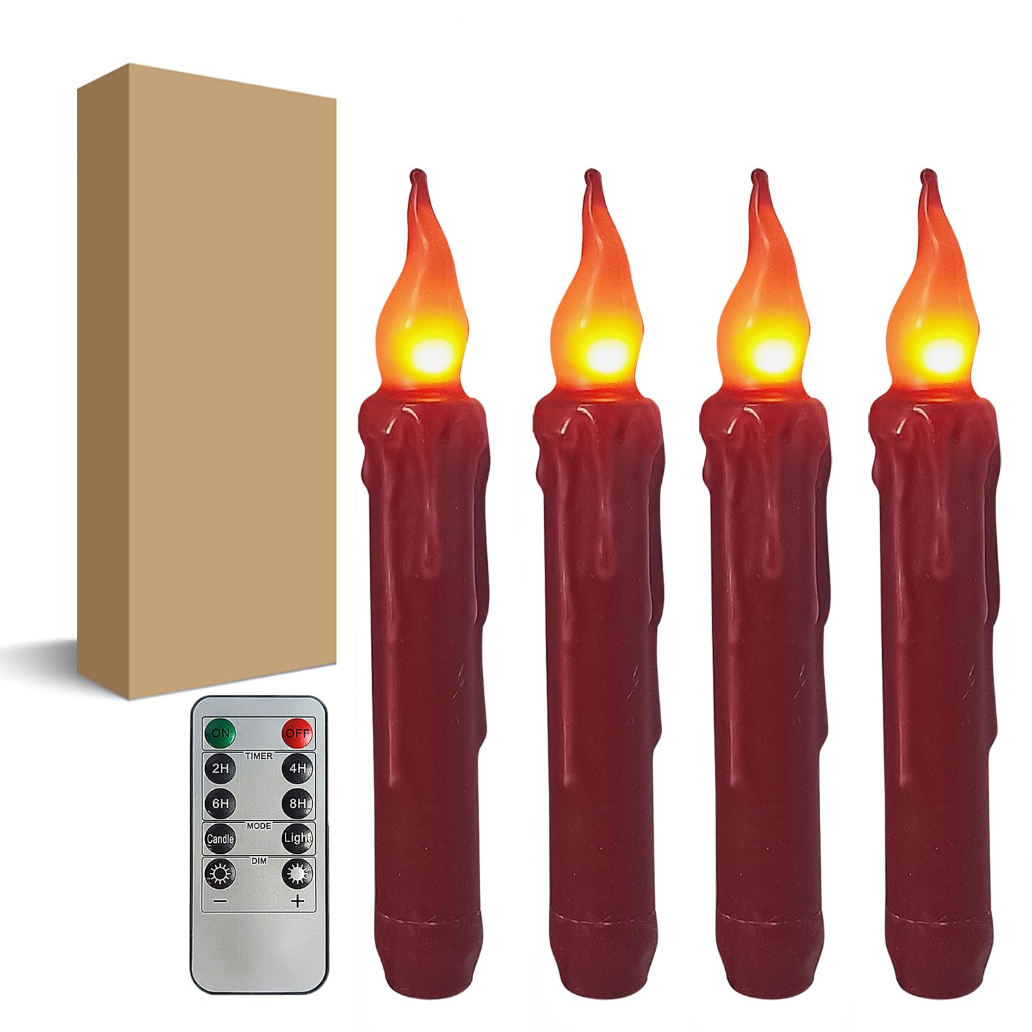 Dark Red Flameless Short Taper Candles, Real Wax Hand Dipped LED Battery Operated with Remote, Flickering Flame Lights for Festival Home Décor, 6.7 Inch Primitive Flameless Candles, 4PCS