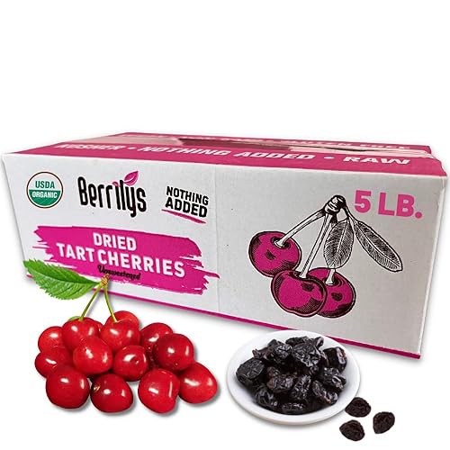 Berrilys Cerezas ácidas secas orgánicas, 5 libras, deshuesadas, sin OMG, kosher, sin sulfatar, sin azúcar añadida