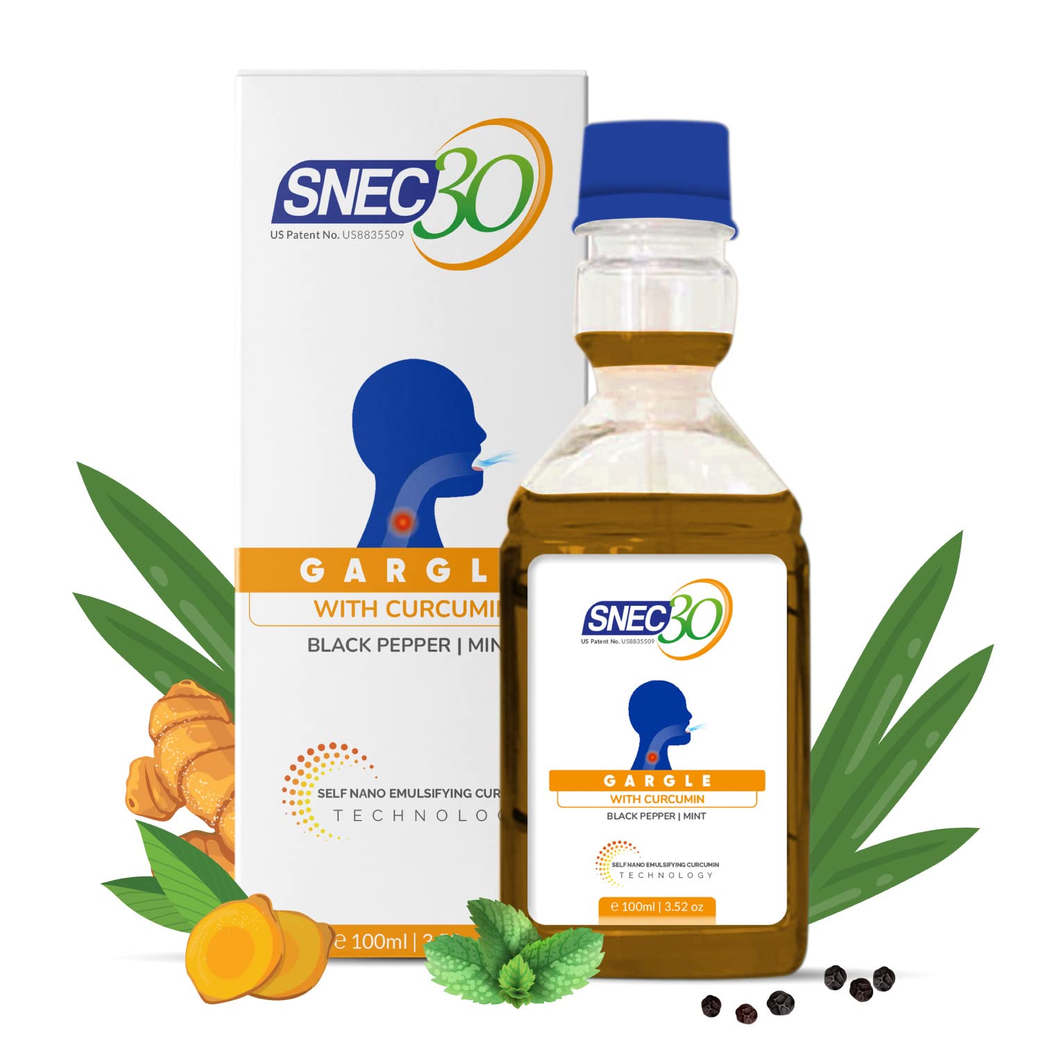 SNEC 30 Ayurvedic Curcumin Gargle Solution|Works On Sore Throat, Bad Breathe, Free Radicals|Curcumin, Black Pepper|Mint Flavor|100Ml - Liquid