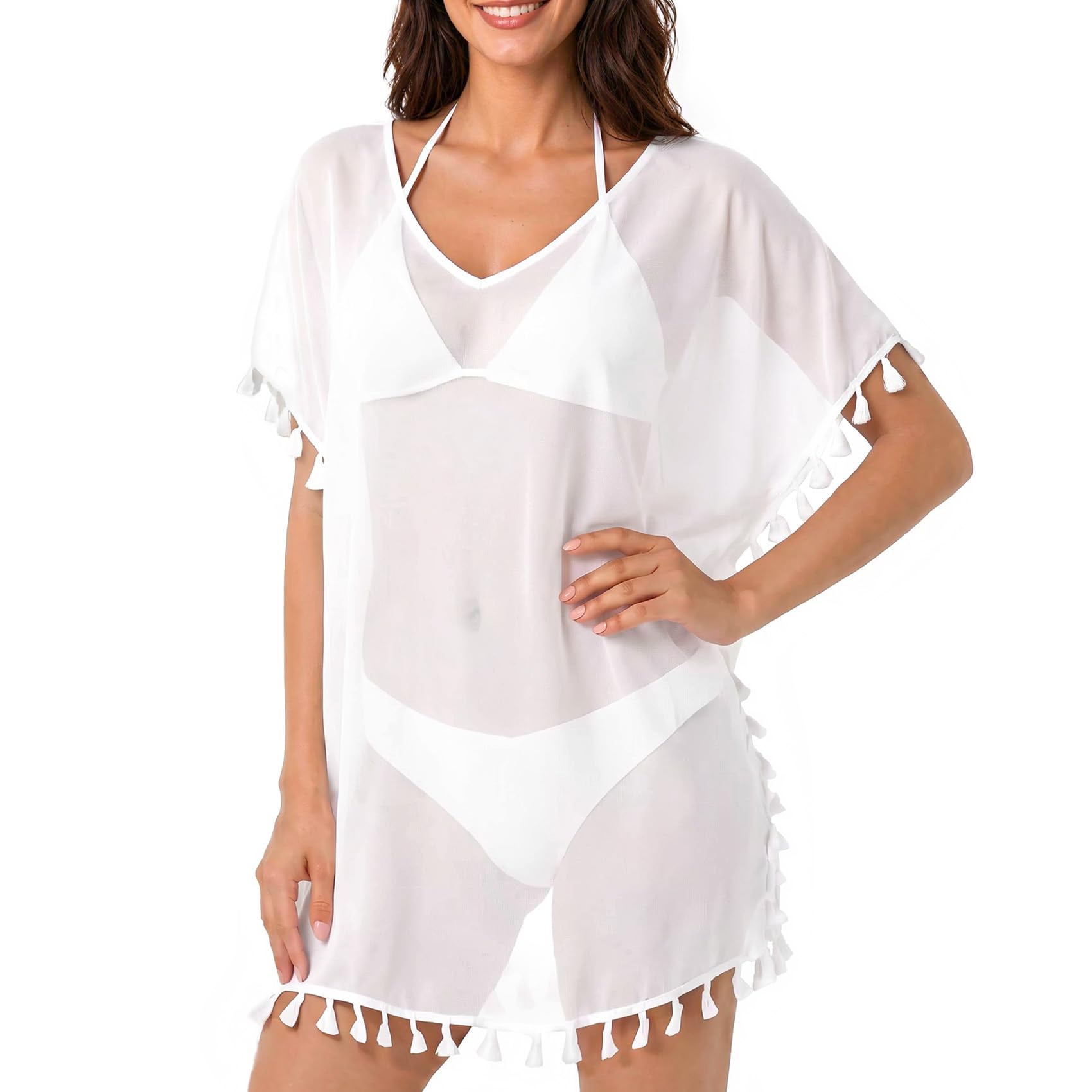 Strandkleid Damen Strandponcho Bikini Cover Up Sommer Strandbluse Strandtunika Strandhemd V-Ausschnitt Bademode Strand Vertuschen Shirt