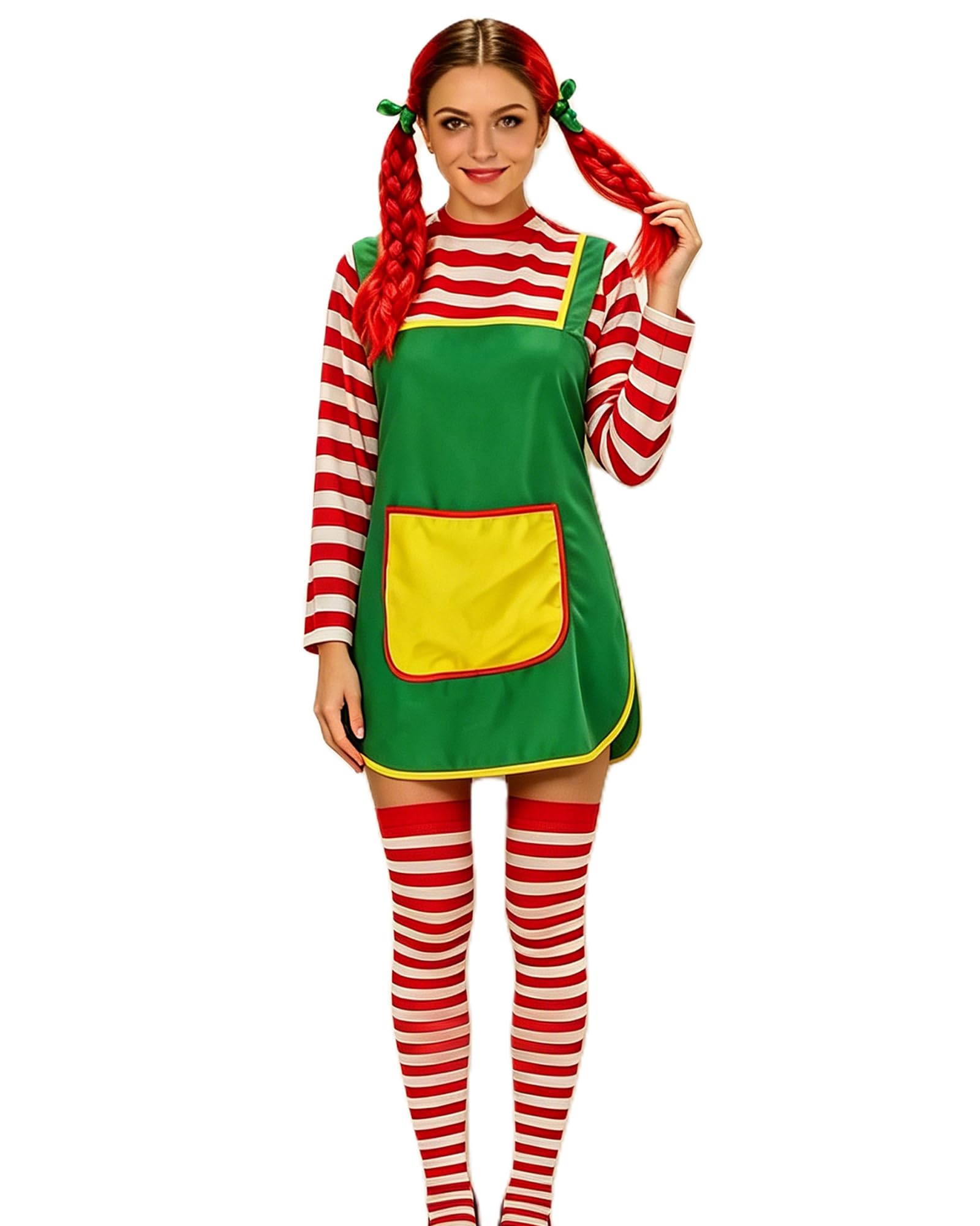 Acrawnni Women Pippi Costume Dress Vest Apron Pockets Adult Green Pippi Cosplay Costume Fancy Dress Halloween Outfits Party Suit (A-Green, M)