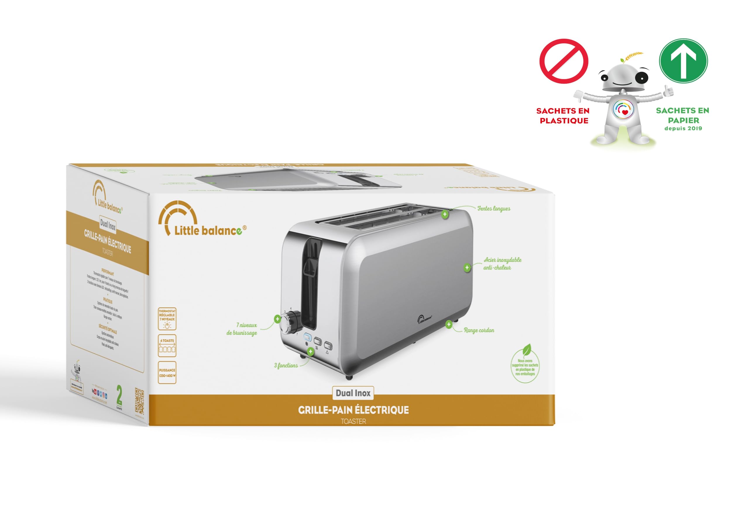 LITTLE BALANCE 8697 Dual Inox, Grille pain Toaster, 2 fentes longues pour 4 tranches de pain, Tiroir Ramasse-miettes, 1450 W, Tout Inox