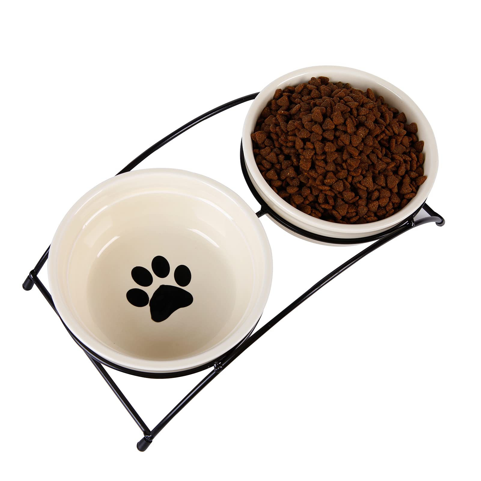 Beauenty Ceramic Pet Cat Bowl, Cartoon Style Ceramic Pet Bowl Pet Feeder Pet Supplies For Cats Dogs Non Slip Food Water Dual-use Feeding Dish with Holder