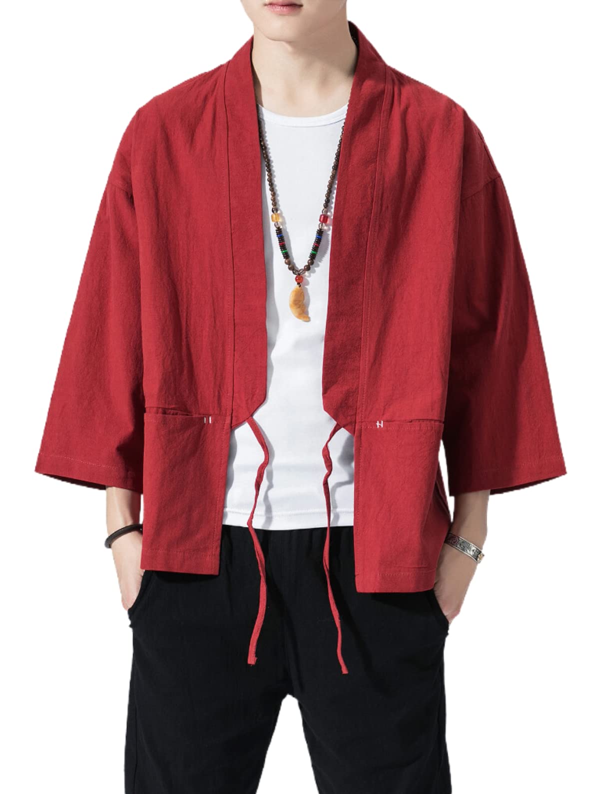 Men's Japanese Kimono Cardigan Loose Cotton Linen 3/4 Sleeve Open Front Casual Summer Shirt Jackets