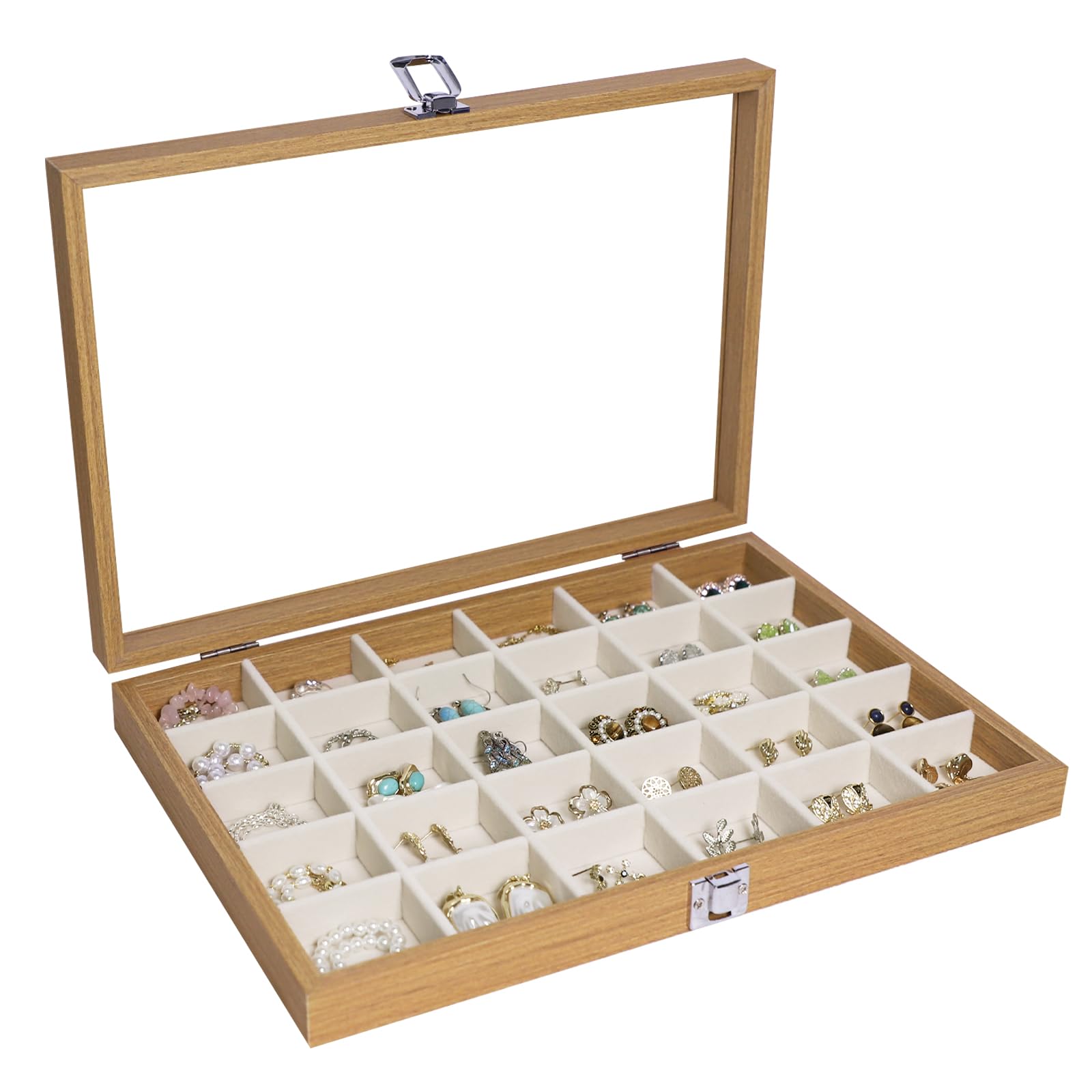 Stratalife Jewelry Organizer Wooden Bracelet Jewelry Box 30 Grid Jewelry Tray with Lid Earring Holder Organizer Necklace Bracelet Bangle Ring