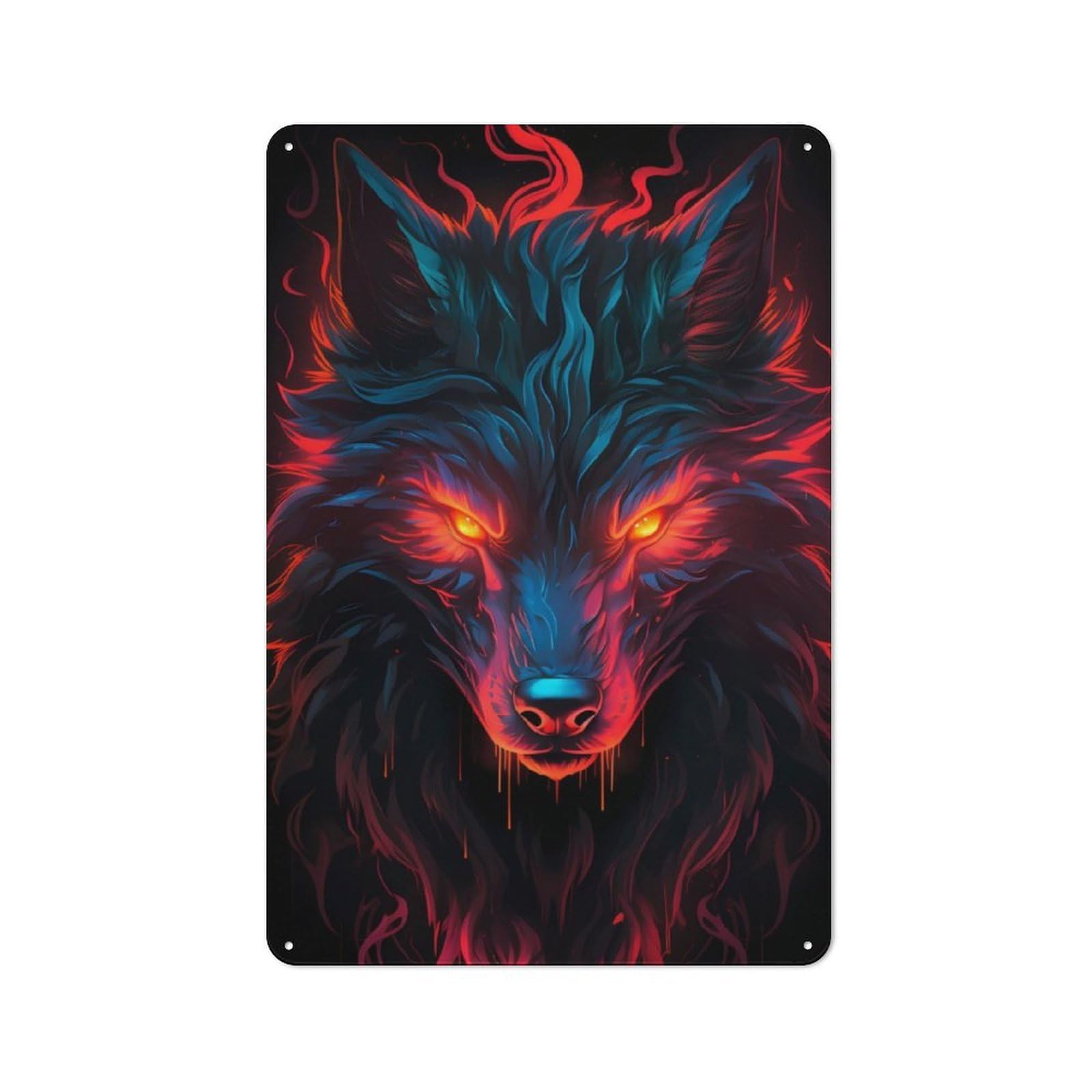 Garden Style Fiery Wolf Portrait Tin Sign 30x20cm, Porch Wall Decor for Patio Bar, Workshop, Shed Or Kitchen