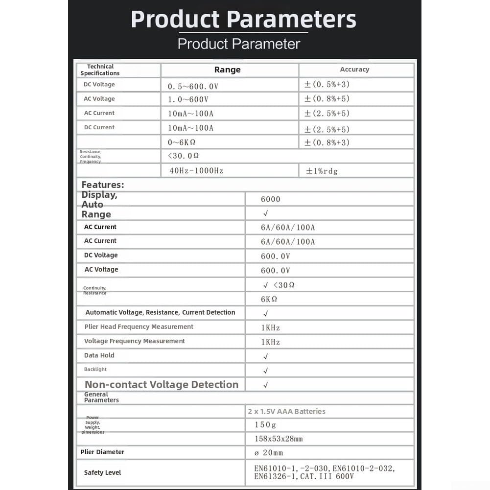 Digital Stromzange AC DC 100A Auto Range NCV | AC/DC für strom bis 100A, Auto Range Funktion, präzise Messwerte, ideales Werkzeug für Profis