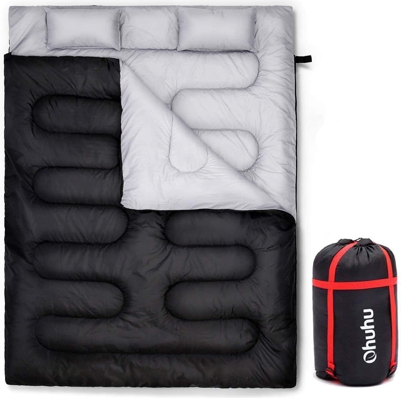 Double Sleeping Bag with 2 Pillows, Ohuhu 4 Seasons Sleeping Bags for Adults 2 Person, Winter