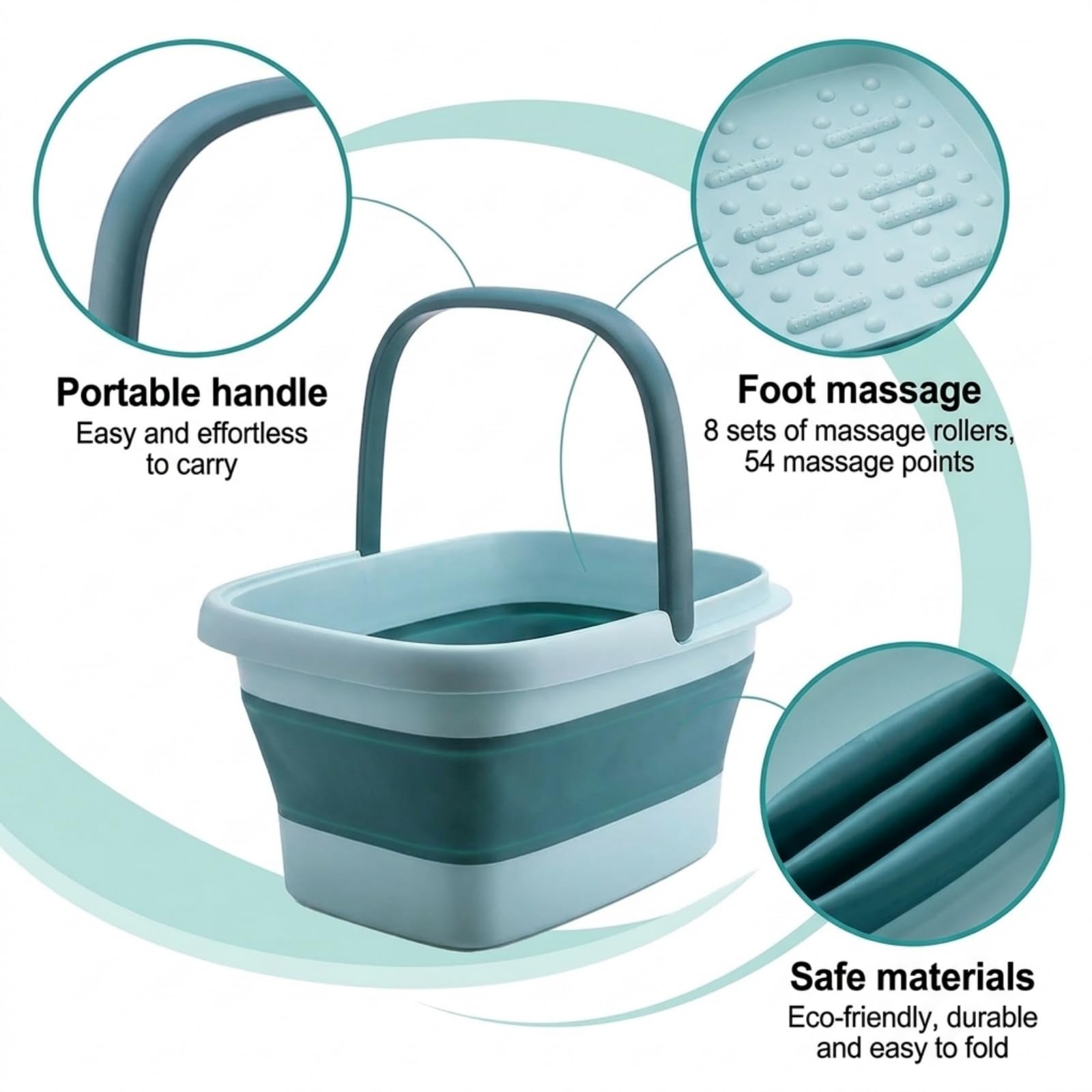 Bain de pieds pliable avec 8 rouleaux de massage et 54 bosses d'acupression, bassin de spa pour pieds de 15 L avec poignée, baignoire portable avec pierre ponce grise pour pédicure et soins des pieds