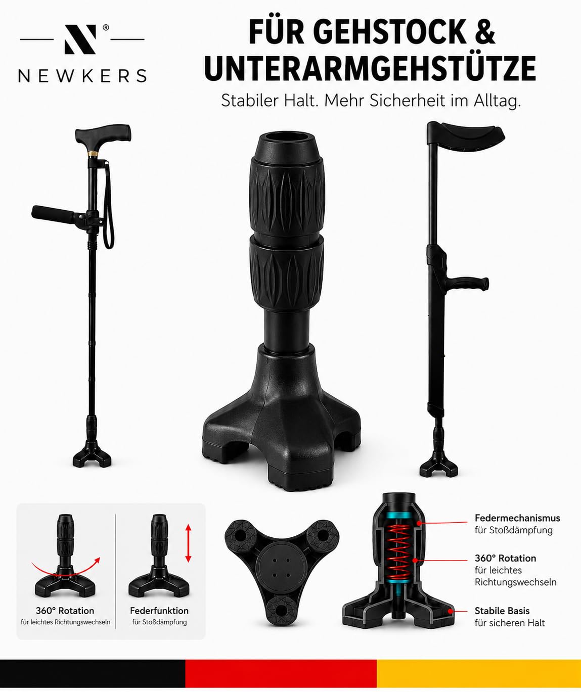 Pie de punta universal que absorbe los golpes – Tri-pie estable para bastones de 3/4" y 5/8", punta de repuesto antideslizante de 3 puntos con rotación de 360° para una muñeca suave
