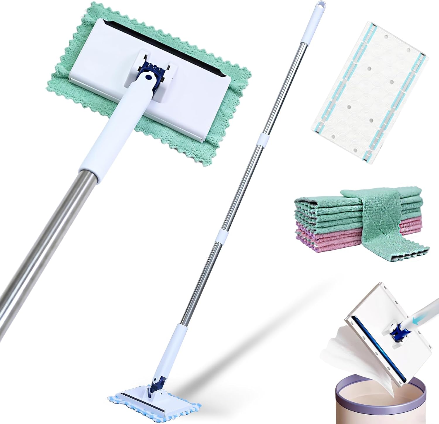 Snap Grip Mini Mop, 42 in Convenient Cloth Changing Mini Mop, with 10 Reusable Cloths, Stainless, One-Click Replacement, for Multi Cleaning