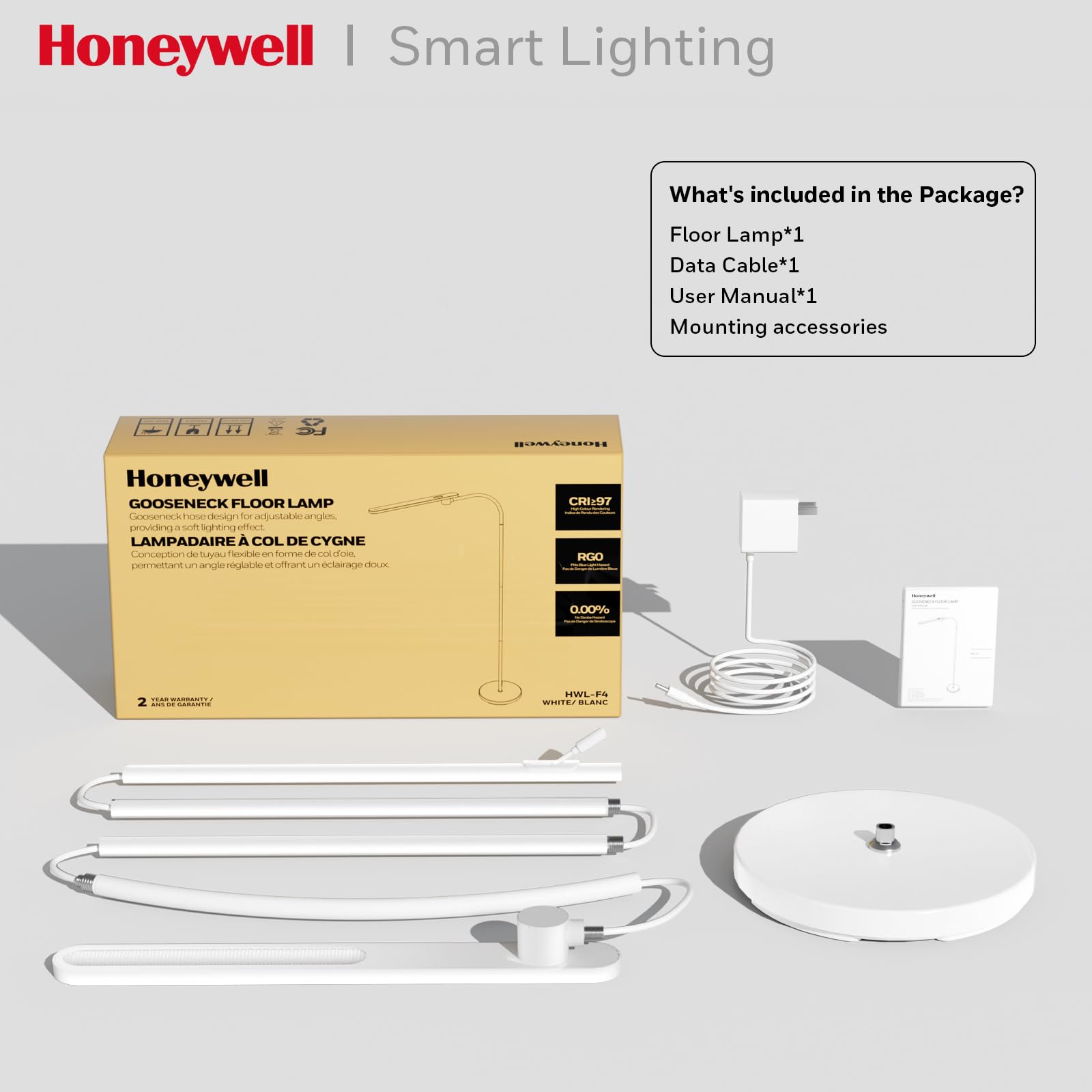 Honeywell Lampada da Terra LED,F4 Sunturalux™ Luci Super Luminose con Design Moderno Colli d'Oca per Illuminazione Accogliente,Lampada Regolabile per Lettura e Studio Soggiorno Camera Ufficio (Bianco)