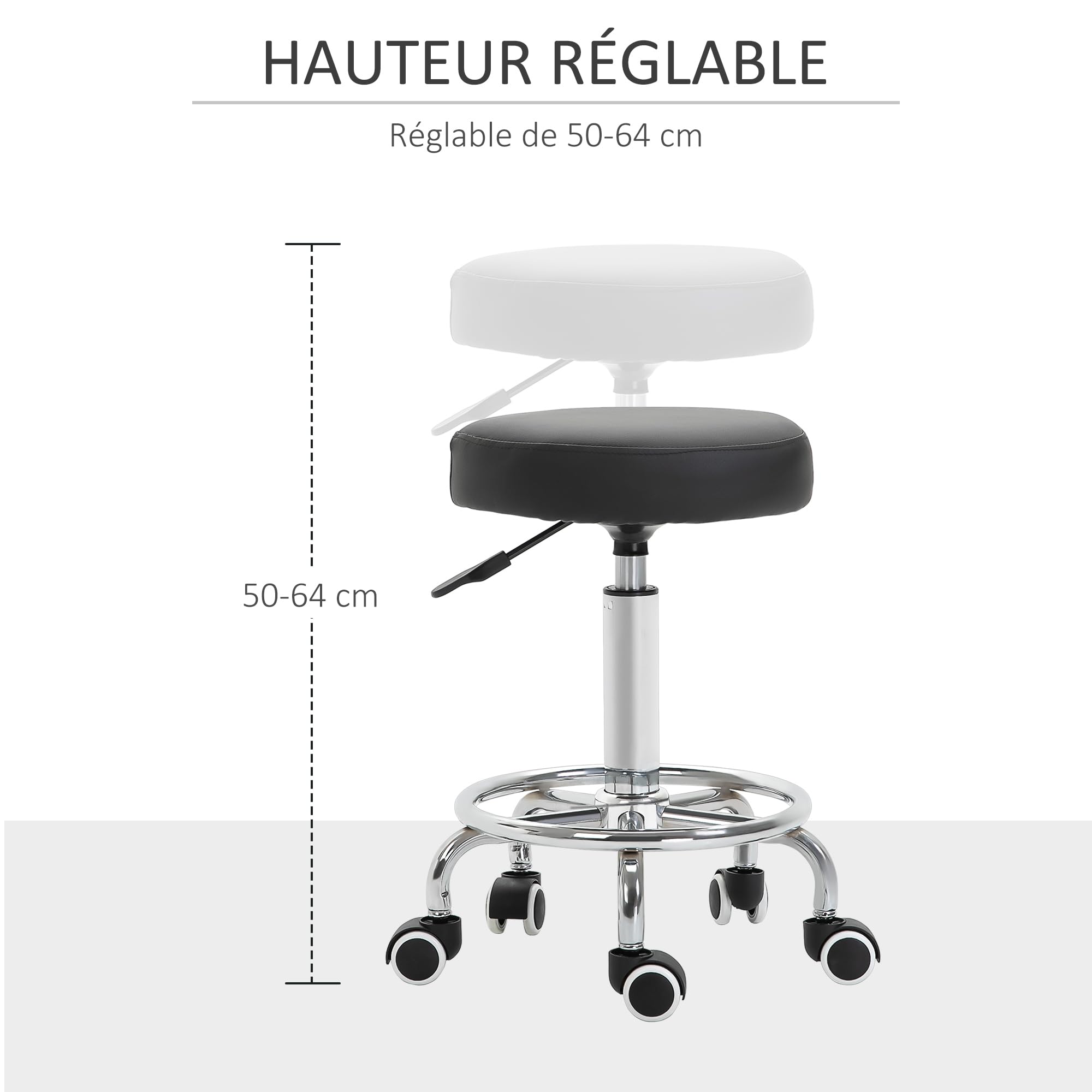 Vinsetto Tabouret à roulettes réglable 50-64 cm, assise rembourrée, pivotant 360°, pour massage, tatouage, clinique, spa, noir