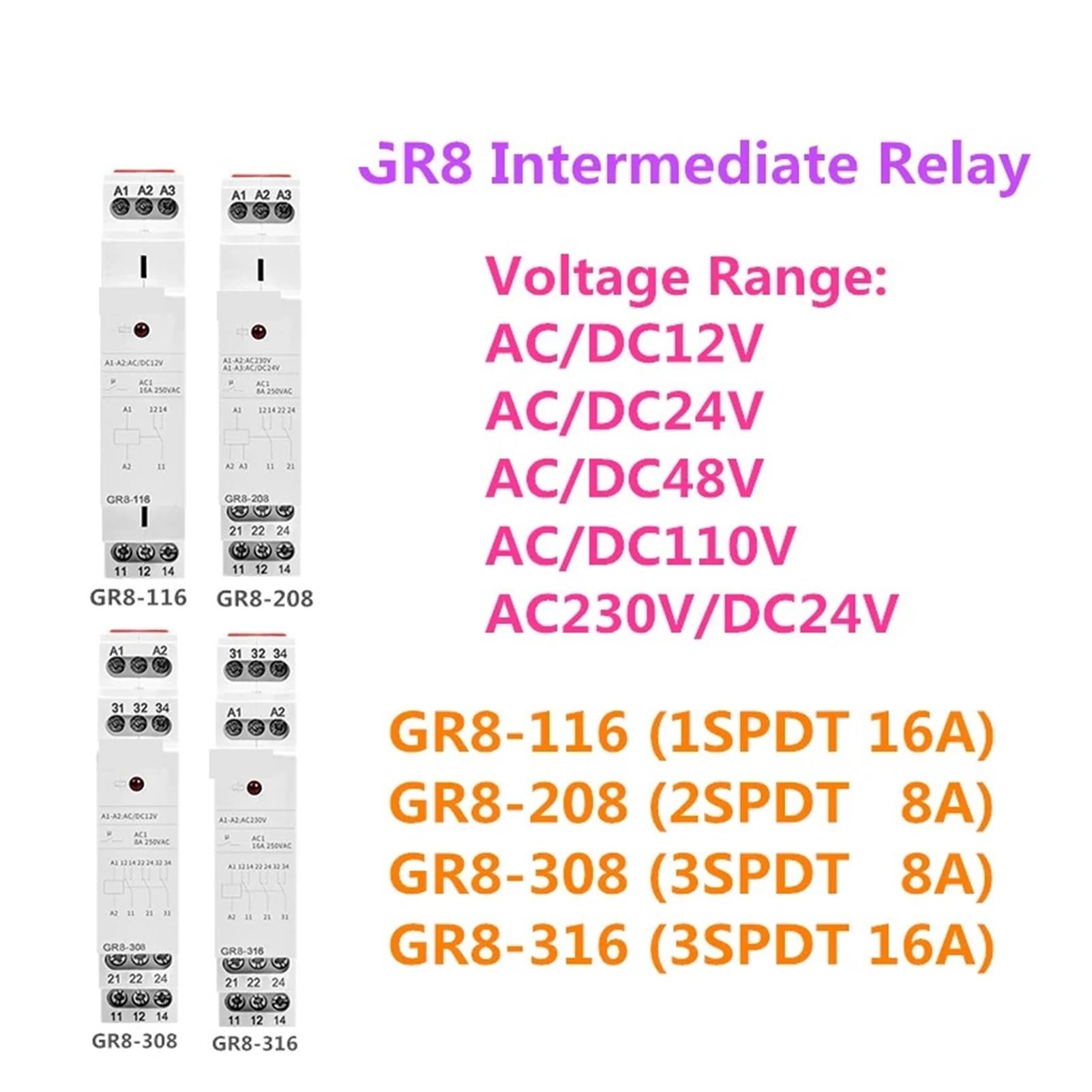 GR8-208 Relè Ausiliario Interruttore Intermedio 8A 2SPDT 12V 24V 48V 110V 220V RELÈ Modulo Guida Din(GR8-208-ACDC24V)