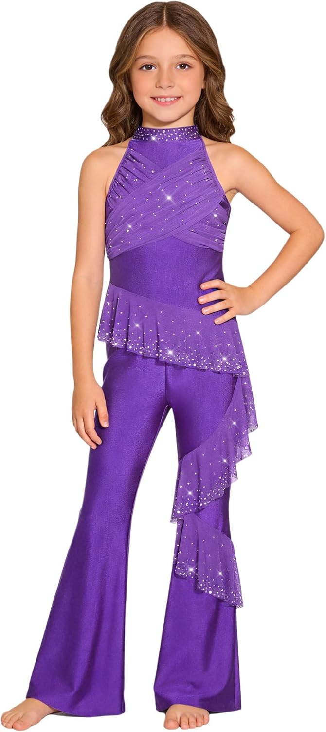 Alvivi Girls Sparkly Latin Dance Jumpsuit Rhinestone Sleeveless Figure Skating Leotard Bell Bottom Jazz Dance Bodysuit