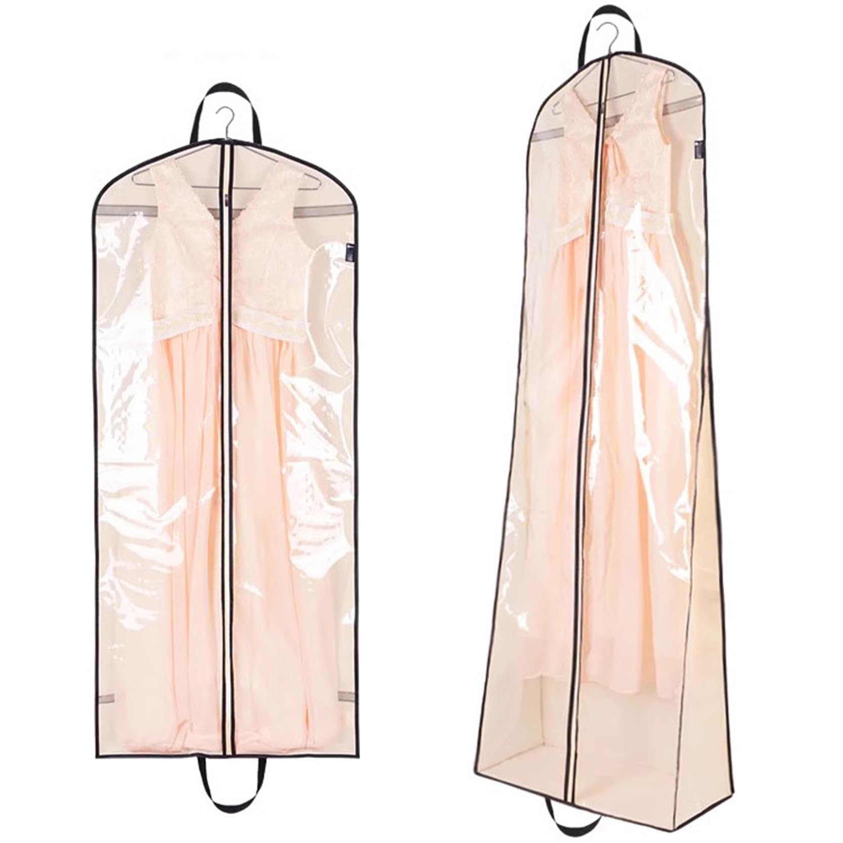 2 szt. Długie pokrowce na suknie 55-78 cali, składane pokrowce na ubrania Oddychające pokrowce na suknie ślubne dla druhen, z klinami 9,8 cala,Beige-180x60x25cm