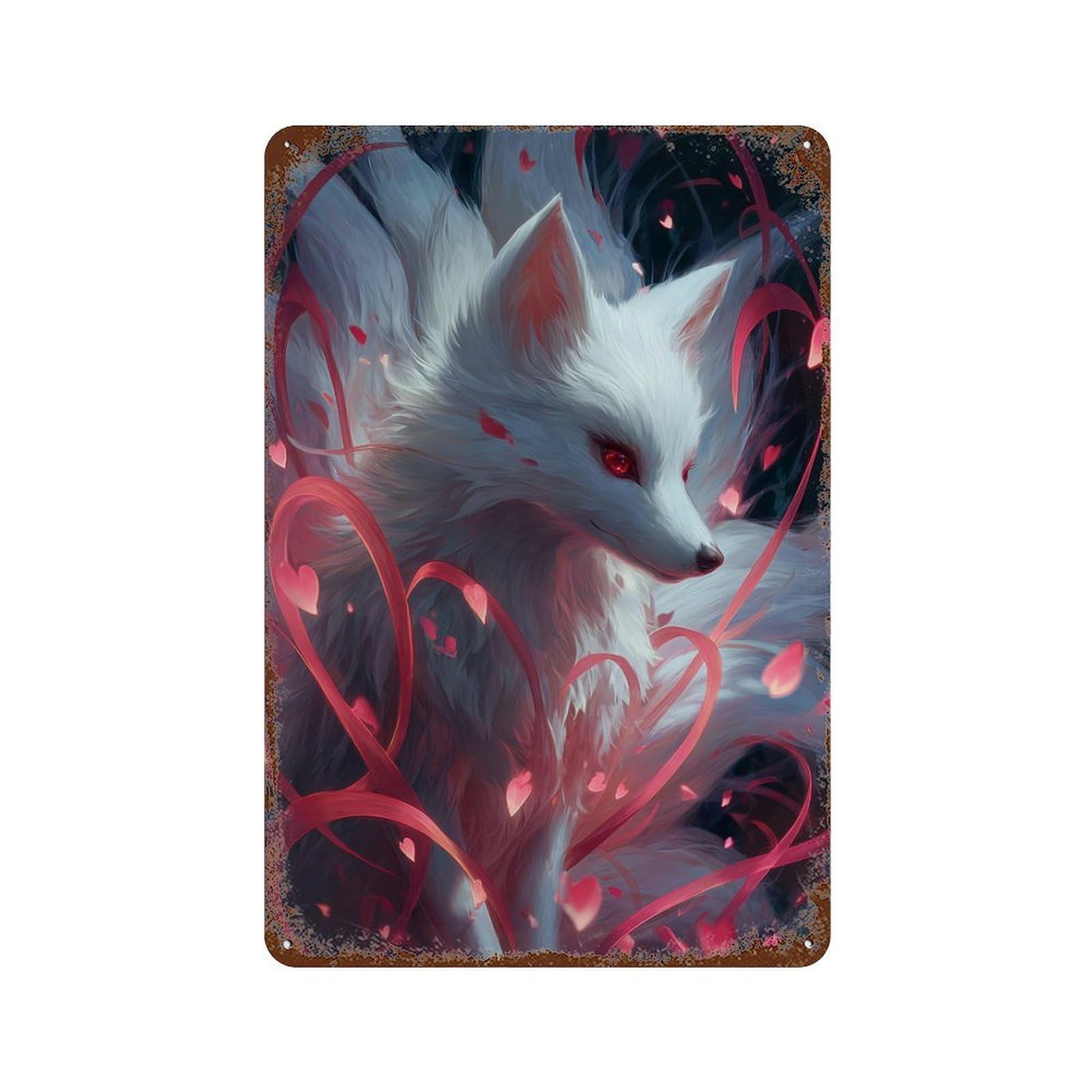 Magical Fox with Hearts Rust Effect Tin Sign 11.8"x7.9", Farmhouse Wall Decor for Bistro, Counter And Cafe Decor