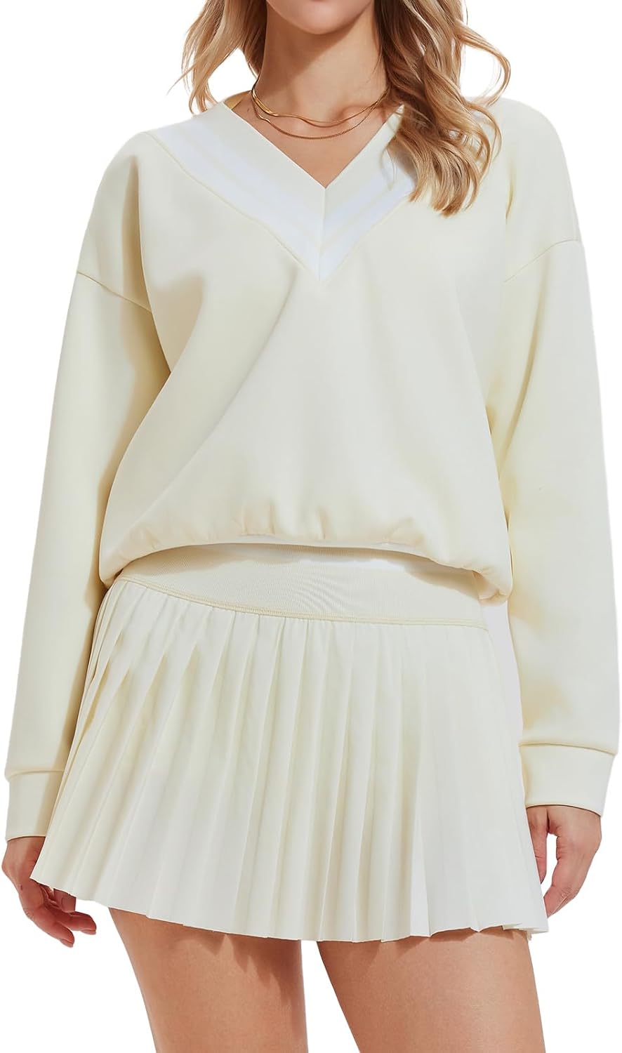 Womens Sweatsuits 2 Piece Set Color Block V Neck Sweatshirts High Waisted Tennis Running Golf Tracksuits Skirts Sets