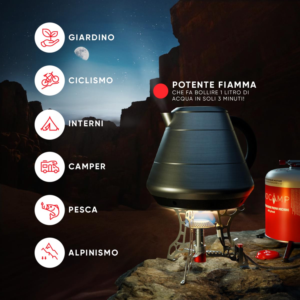 EVOCAMP fornello da campeggio compatto 3,2 kW con accensione piezoelettrica, fornello da campeggio, mini-fornello a gas - ideale per campeggio, pesca e attività all'aperto