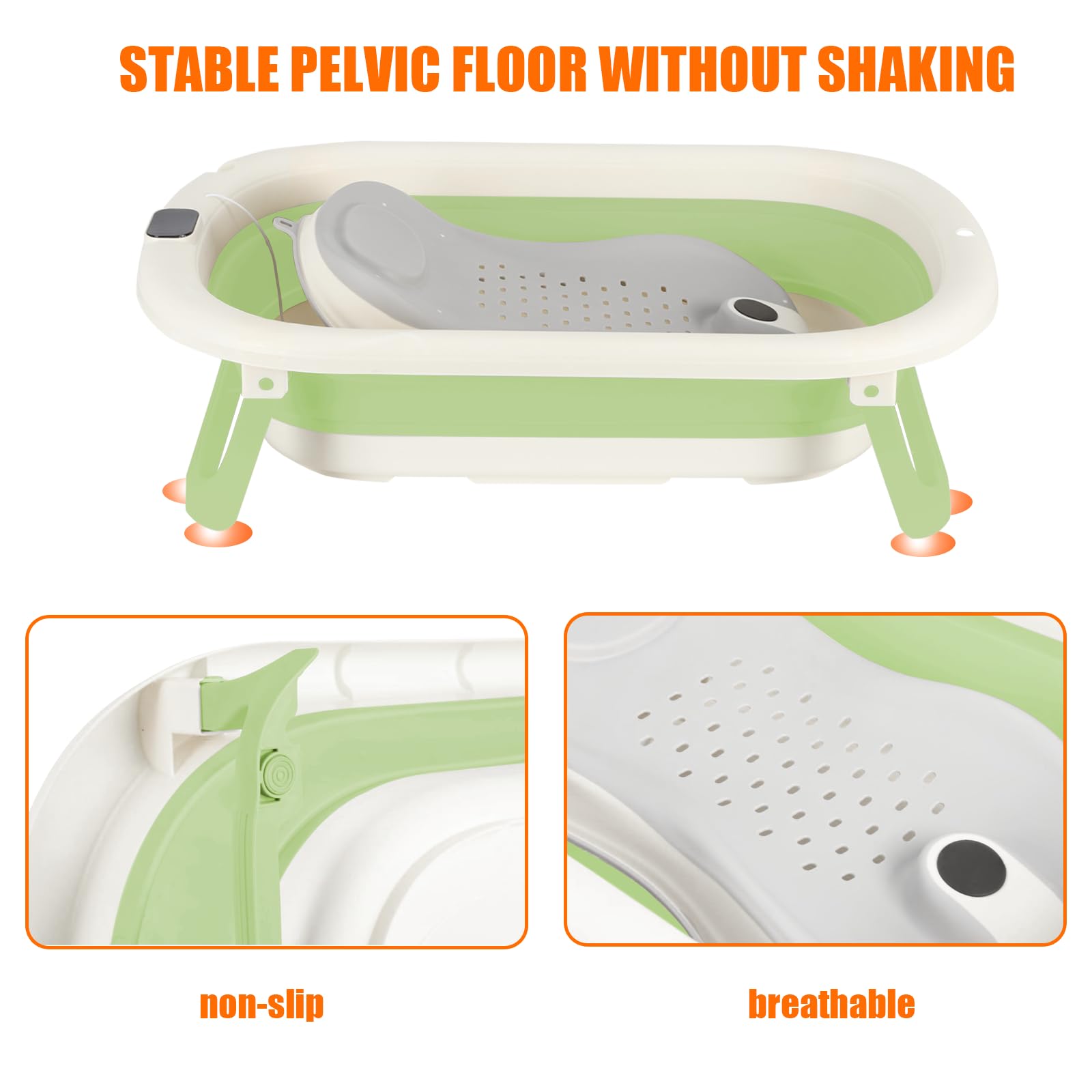 Baignoire Bébé Pliable avec Support Réglable – Bassine Nouveau-Né Pliable Antidérapante avec Thermomètre, Utilisation Facile à la Maison ou en Voyage（Vert）