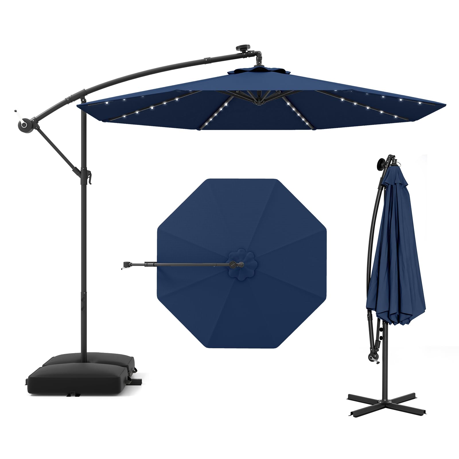 GOPLUS Sombrilla Terraza Exterior 3x3 m con 40 Luces LED Solares, Parasol Excentrico Inclinable con Pie y Base, Altura ajustable, Resistente al Viento y GuardaSol (con Base y LED, Azul, 3 M)