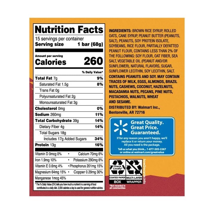 Great Value Crunchy Peanut Butter Energy Bars, 13g Protein miniatura 2