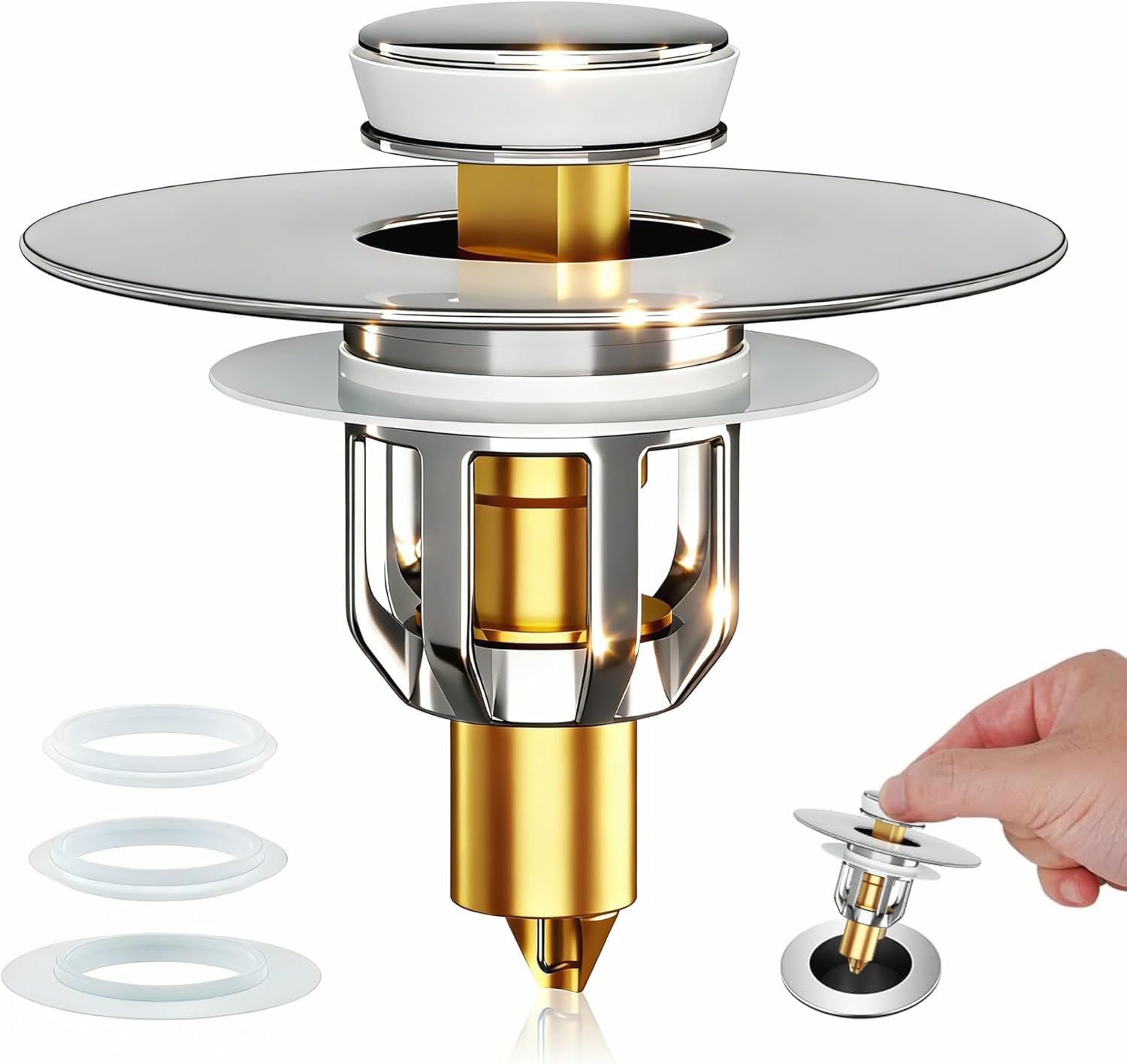 Sink Plug Replacement, Universal Pop Up Basin Plug with Hair Catcher Strainer, Brass Push Click Bathroom Drain Stopper for 27‑42mm Sink Hole