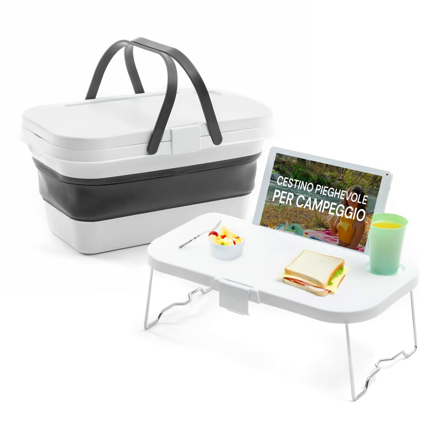Cesta de Picnic Plegable con Superficie de Apoyo – Cesta Plegable para Playa y Camping, de Polipropileno, 16 l, Blanco y Gris, 47,3 x 9-24,5 x 29 cm