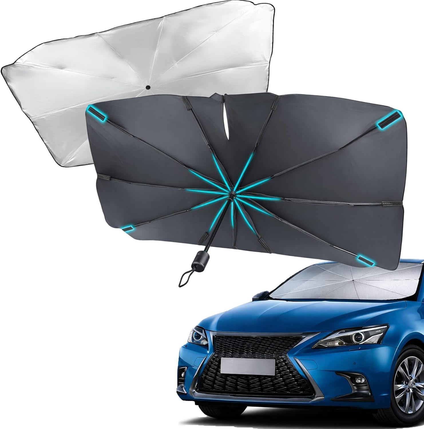 VAPORVERSE Car Windscreen Sunshade Umbrella for Mercedes Benz CLA-Klasse CLA 180 CLA 200 CLA 260 2020, Foldable Heat Insulation and UV Protector with Premium Leather Pouch,B