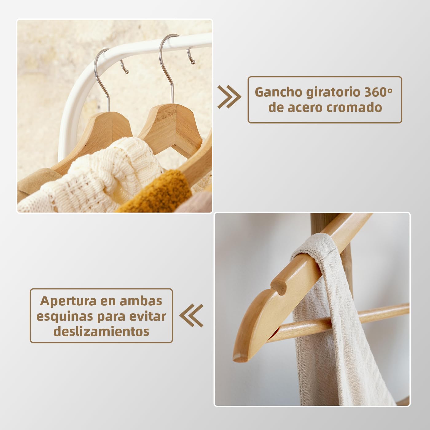 ACCRUX-Perchas de Madera Color Natural, Colgador Antideslizante con Barra para Pantalones y Trajes, Gancho Giratorio 360º y Muescas Antideslizantes para Vestidos y Blusas. (Madera, 6 Unidades)