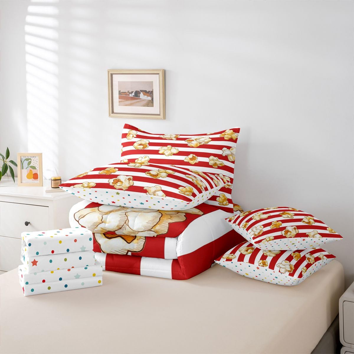 Homemissing Tema del film Piumino Letto con lenzuola 7 pezzi 135x200cm Popcorn Stampa Letto Trapuntato per ragazzi strisce con Piumino Geometric Room Decor