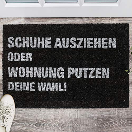 Relaxdays Fußmatte Kokos 'Schuhe ausziehen oder Wohnung putzen - Deine Wahl!', außen & innen, Türmatte 60x40 cm, schwarz
