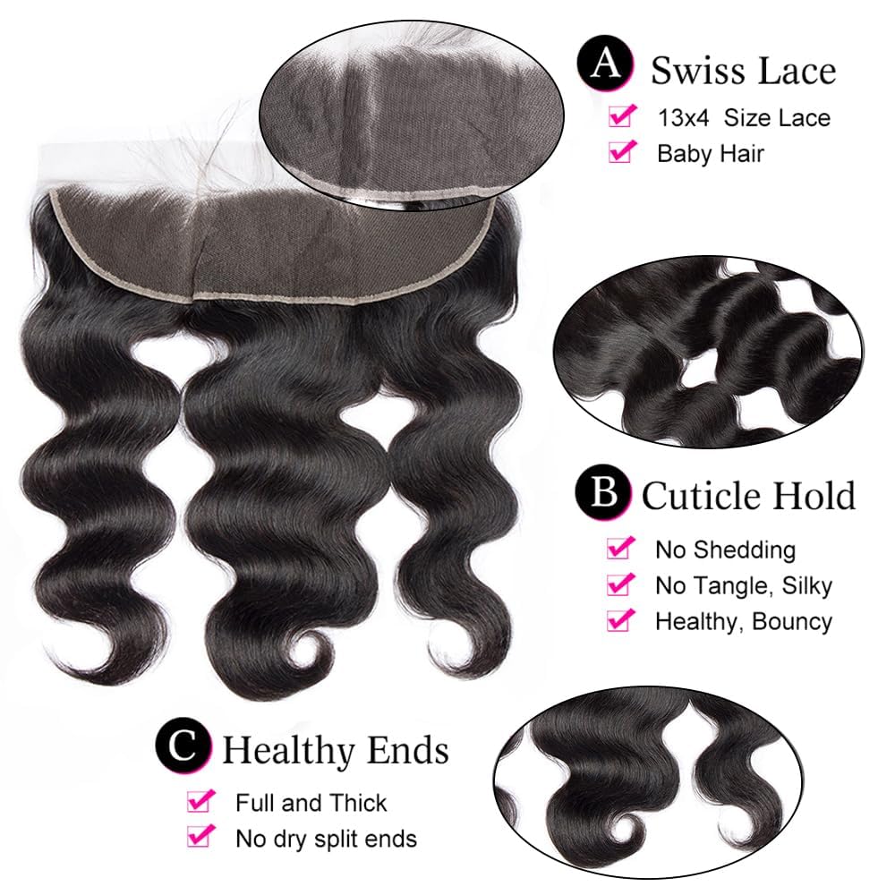 Brazilian Virgin Body Wave Human Hair 13X4 Lace Frontal 16Inch 100% Unprocessed Virgin Body Wave human hair Transparent Ear to Ear Lace Front Natural Black Color - Image 3