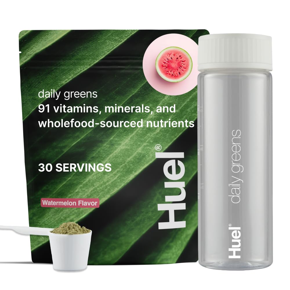 Huel Daily Greens Bundle | Watermelon Daily Greens Bag + Bottle | 30 Servings | Superfood Greens Powder | 91 Vitamins, Minerals, and Wholefood-Sourced Ingredient