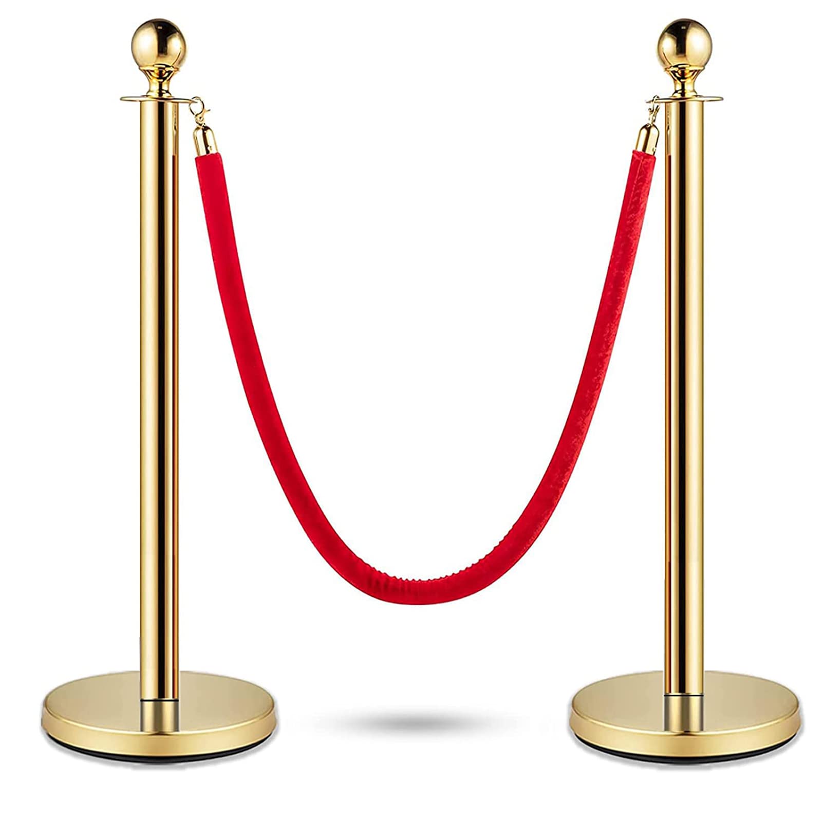 Gold Stanchions and Velvet Ropes, Red Carpet Ropes and Poles 5ft/1.5 M, Stainless Steel Stanchion Post, Rope Safety Barriers Waterproof and Rustproof Set for Party Supplies (Gold-2PCS)