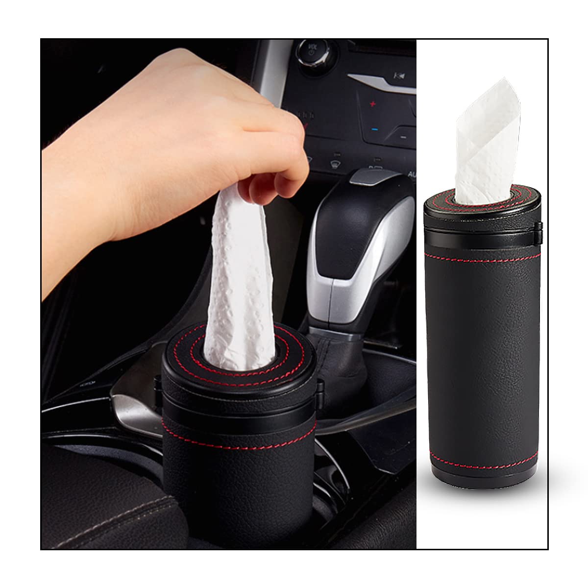 Car Tissue Holder, Cylinder Tissue Box with Window Breaker, PU Leather Round Tissues Container for Auto Cup Holder, Travel Facial Tissues Organizer for All Vehicles (Black)