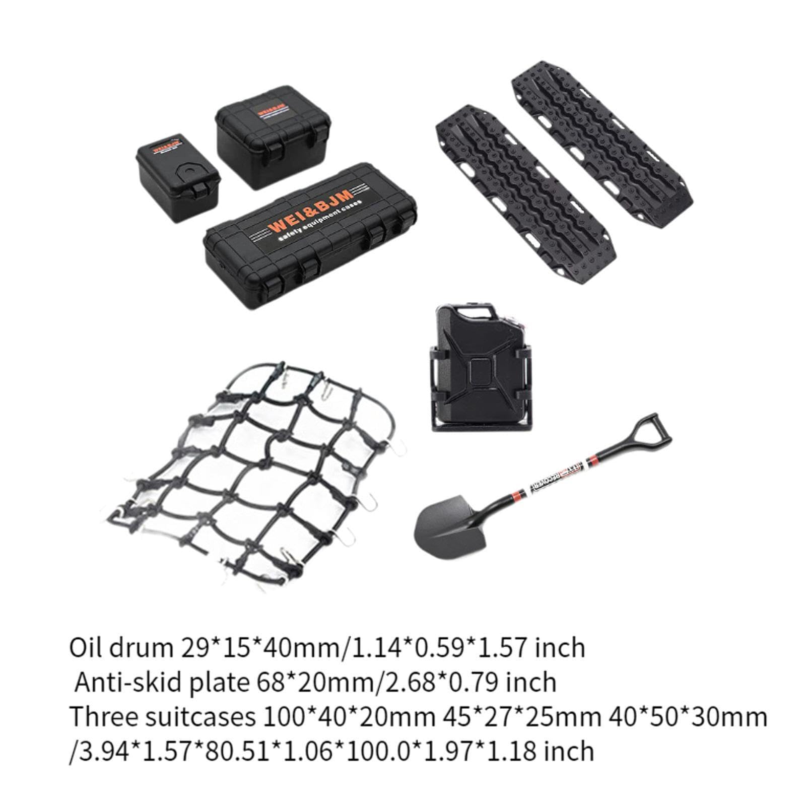 8 Piezas Accesorios para Coche RC Crawler 1 10 con Maletas Tanque de Combustible Red de Equipaje Placas Protectores Pala Simulación Detallada Y, Negro