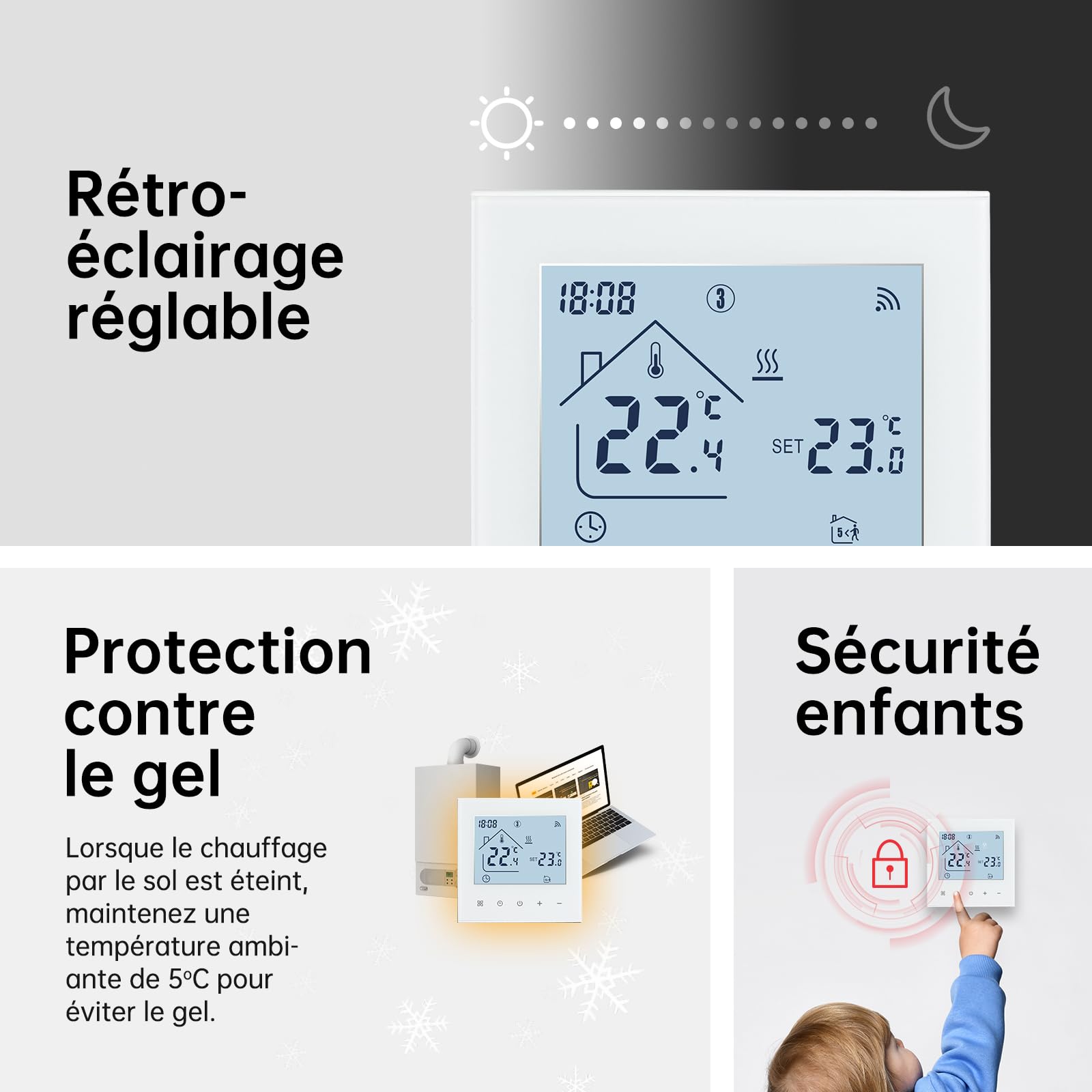 Beok Thermostat Connecté WiFi pour Chauffage au Sol Électrique,Thermostat d'Ambiance Intelligent Thermostats Programmable avec Capteur Externe Compatible Alexa Google Home 16A,Blanc