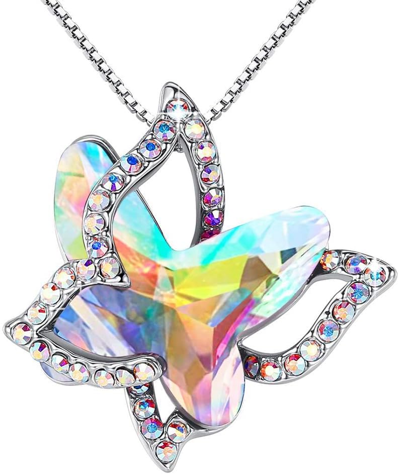 GEMMANCE Valentine's Day Gift Butterfly Birthstone Crystal Necklace, Silver Tone with 18”+2” Chain, Necklace for Mother’s Day Anniversary Birthday Gifts for Women and Daughter