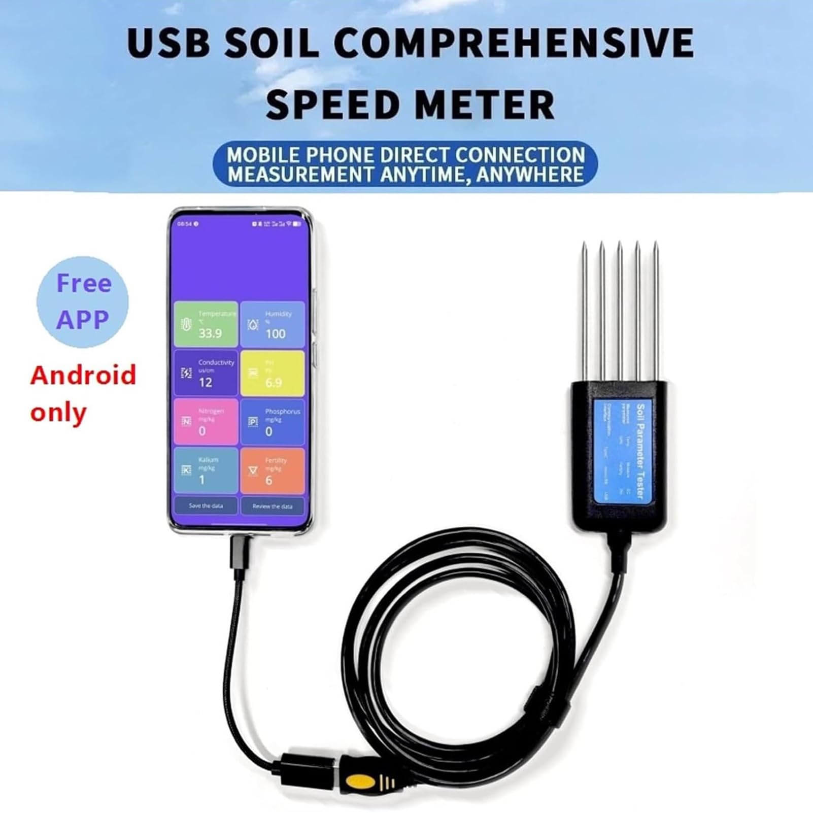 Tester Del Suolo, Analizzatore Del Suolo Usb, Tester Digitale Npk (azoto, Fosforo, Potassio), Ph, Umidità, Conducibilità Elettrica (ec) Per App Android, Test Di Fertilità Del Suolo Per Giardino