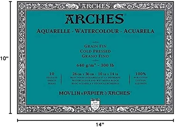 Arches Aquarelle Block of 10 Sheets 26 x 36 cm Glued on 4 Sides 640 g/m2 Satin Grain, Natural White, 4 Free Edges