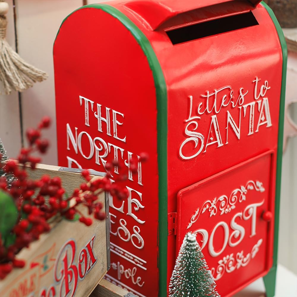 Letters to Santa Mailbox North Pole Post Vintage Mailbox Letters Decoration Christmas Farmhouse Decor/Rustic Metal Christmas Decor Decorative Box (Red)