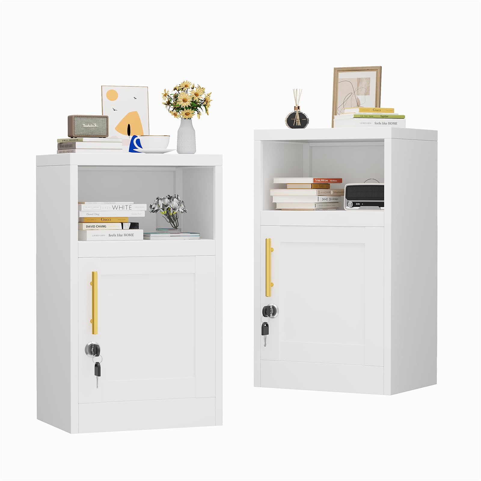 AUEYTVR Metal White Nightstands Set of 2 with Lock, File Cabinet with Shelves Storage Cabinet,28" Modern Side Table with Door and Open Shelf, Bedside