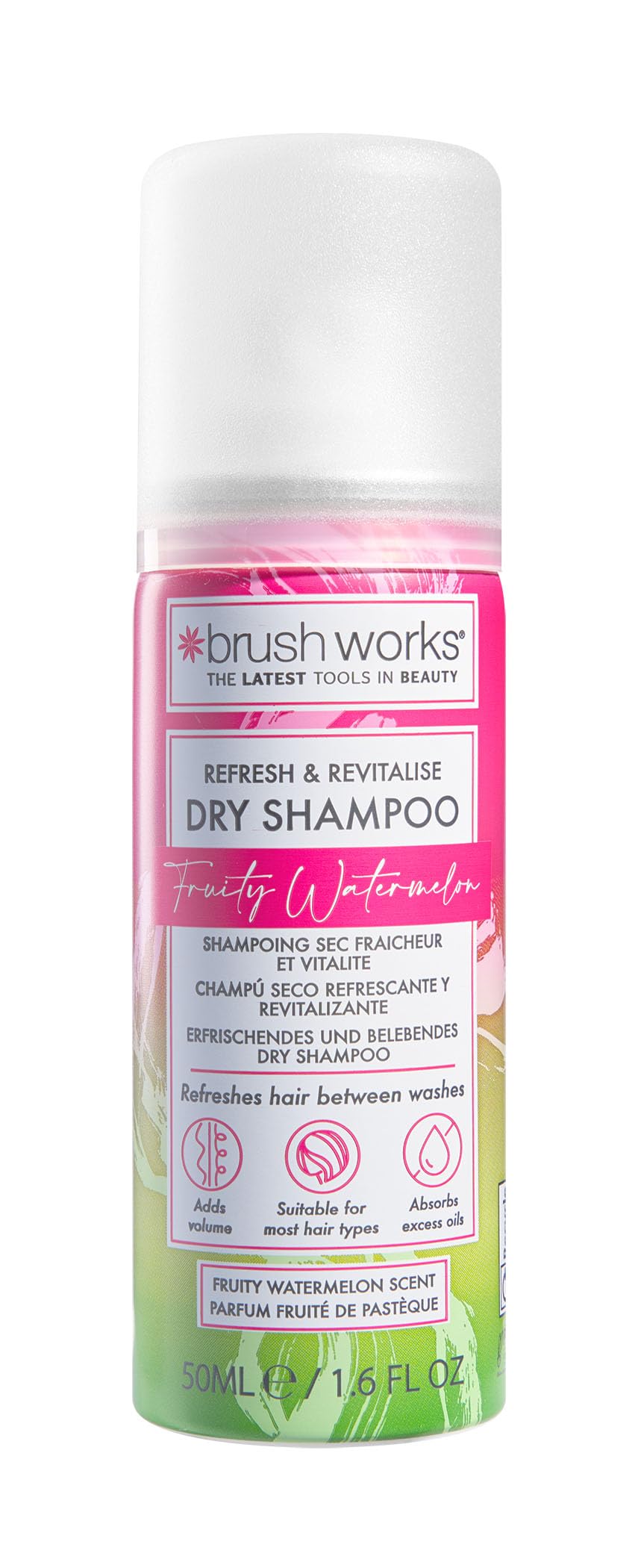 Brushworks Refresh & Revitalise Fruity Watermelon Dry Shampoo – Mini 50ml Travel Size, Absorbs Oil, Adds Volume & Refreshes Hair On-the-Go
